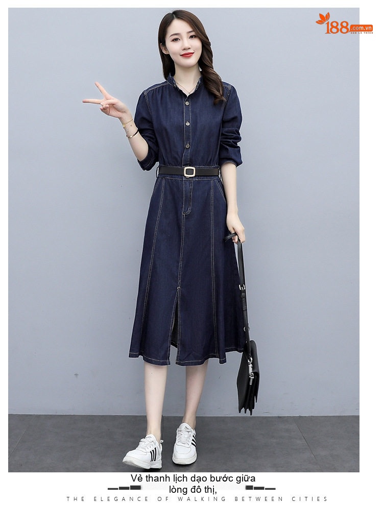 Váy Dài Tay Nữ Denim dáng chữ A Cổ Điển Thanh Lịch chi tiết 14