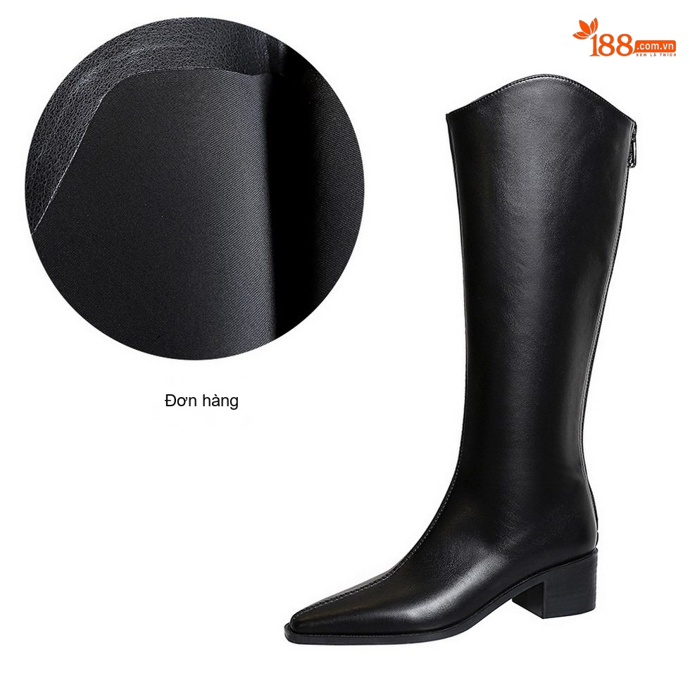 Boots Cao Cổ Nữ Da Bóng Gót Vuông Chiều Cao Đế Khoảng 3cm Phong Cách Âu Mỹ Màu Đen