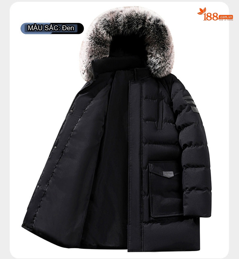 Áo Khoác Cotton Nam Dáng Dài Cỡ Lớn Có Mũ Trùm Đầu Lông To Dày Dặn Màu Đen, Xanh Navy, Xanh Rêu chi tiết 11