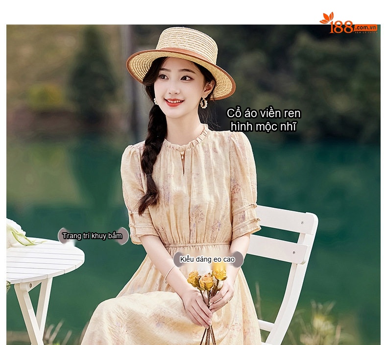 Váy liền thân Nữ Dáng Dài Họa Tiết Hoa Nhí Cổ Điển Thắt Eo Thanh Lịch chi tiết 4