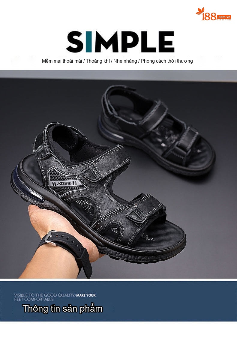 Dép Sandal Nam Da Bóng Quai Dán Đế Khí Chiều Cao Đế Khoảng 4cm Màu Đen chi tiết 6