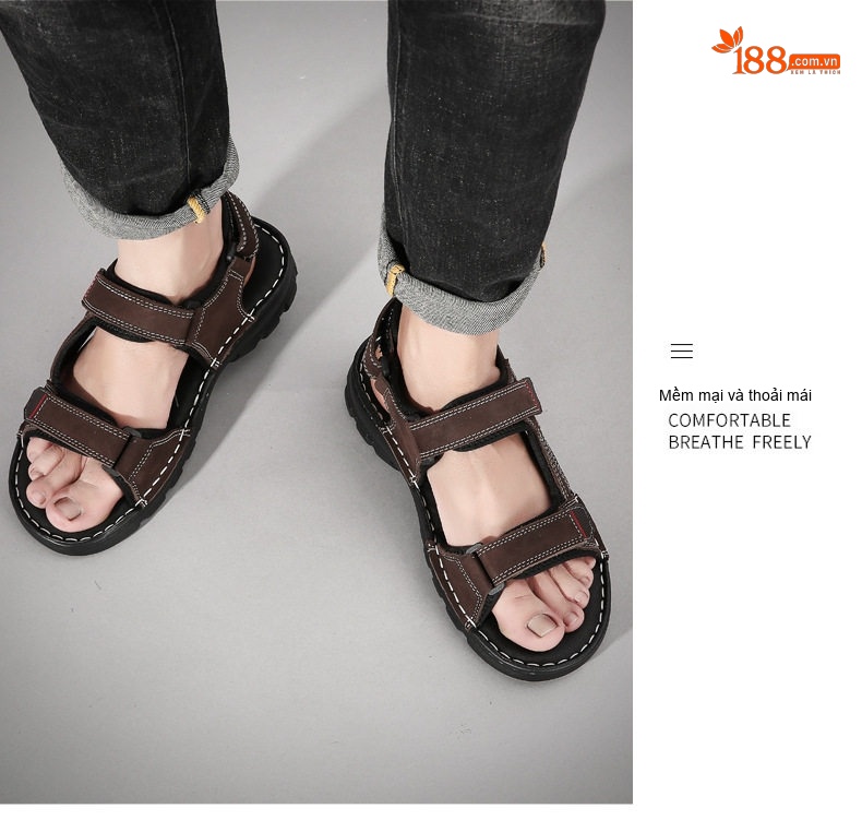 Dép Sandal Nam Xỏ Ngón Da Mờ Quai Dán Chiều Cao Đế Khoảng 3cm Màu Đen, Nâu, Xám, Rêu... chi tiết 24