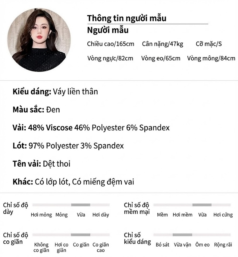 Váy Liền Thân Nữ Dài Tay Cổ Cao Ôm Dáng Đính Đá Sang Trọng Màu Đen chi tiết 2