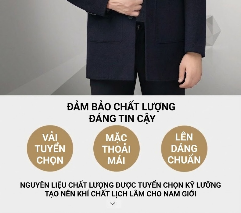 Áo Khoác Dạ Nam Lông Cừu Hai Mặt Trung Niên Giữ Ấm Màu Xám Đậm chi tiết 2