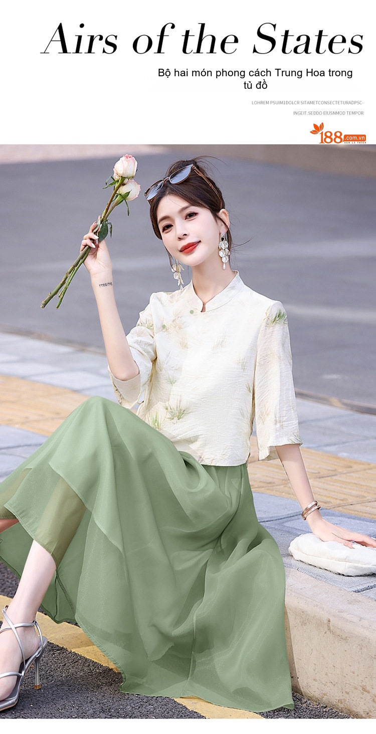 Set Áo Kiểu Tay Lỡ Họa Tiết Cổ Tàu và Chân Váy Chữ A Lưng Cao Phong Cách Trung Hoa Màu Vàng, Xanh chi tiết 8