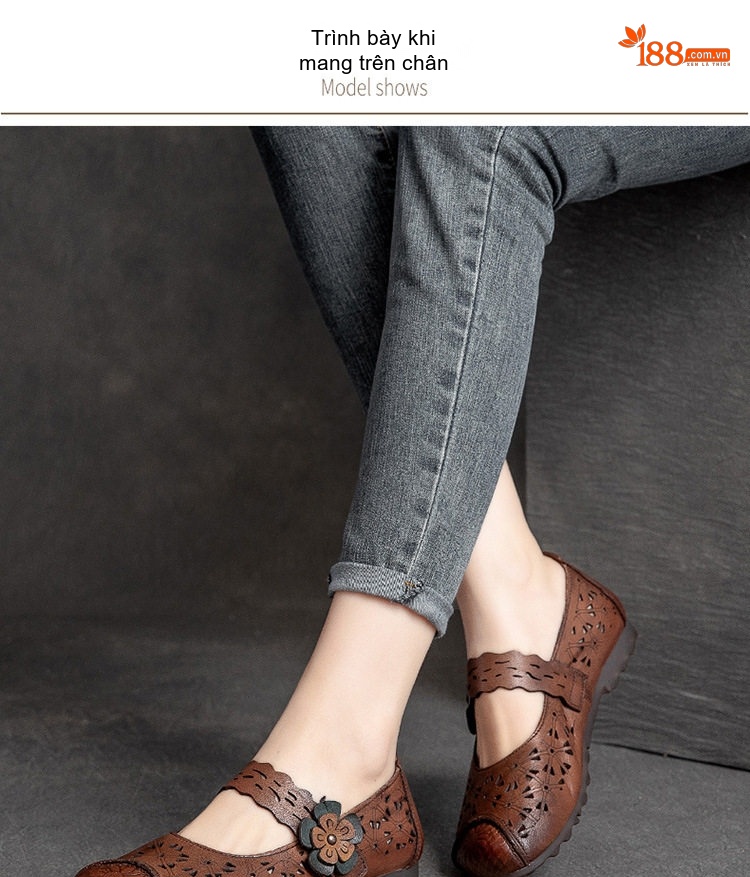 Dép Sandal Nữ Da Bò Lười Xỏ Ngón Lưới Thoáng Khí Đế Cao 3cm - 4cm Màu Nâu, Kem chi tiết 7
