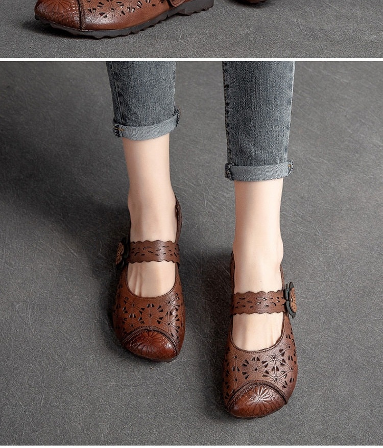 Dép Sandal Nữ Da Bò Lười Xỏ Ngón Lưới Thoáng Khí Đế Cao 3cm - 4cm Màu Nâu, Kem chi tiết 8