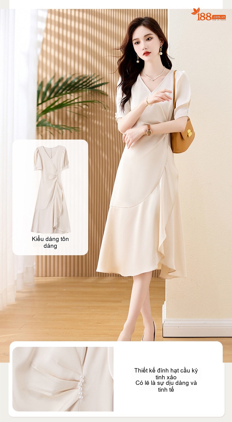 Váy Đầm Nữ Cổ chữ V Wrap Kiểu Dáng Thanh Lịch Màu Trắng, Đỏ, Đen chi tiết 3