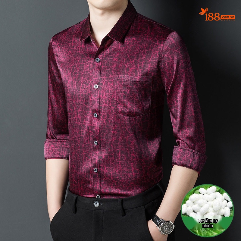 Áo Sơ Mi Dài Tay Nam Lụa Tơ Tằm Hương Vân Sa Họa Tiết Da Rắn Màu Đỏ Rượu Vang, Nâu Đất