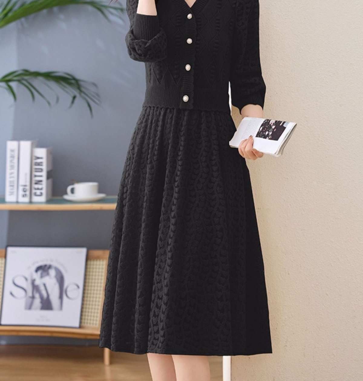 Váy Dệt Kim Nữ Tay Dài Dáng Xòe Họa Tiết Lỗ Màu Be, Hồng, Đen chi tiết 43