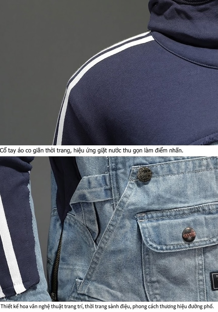 Áo Khoác Hoodie Nam Nữ Phong Cách Đường Phố Jeans Túi Hộp Màu Xanh Dương, Xanh Navy chi tiết 8