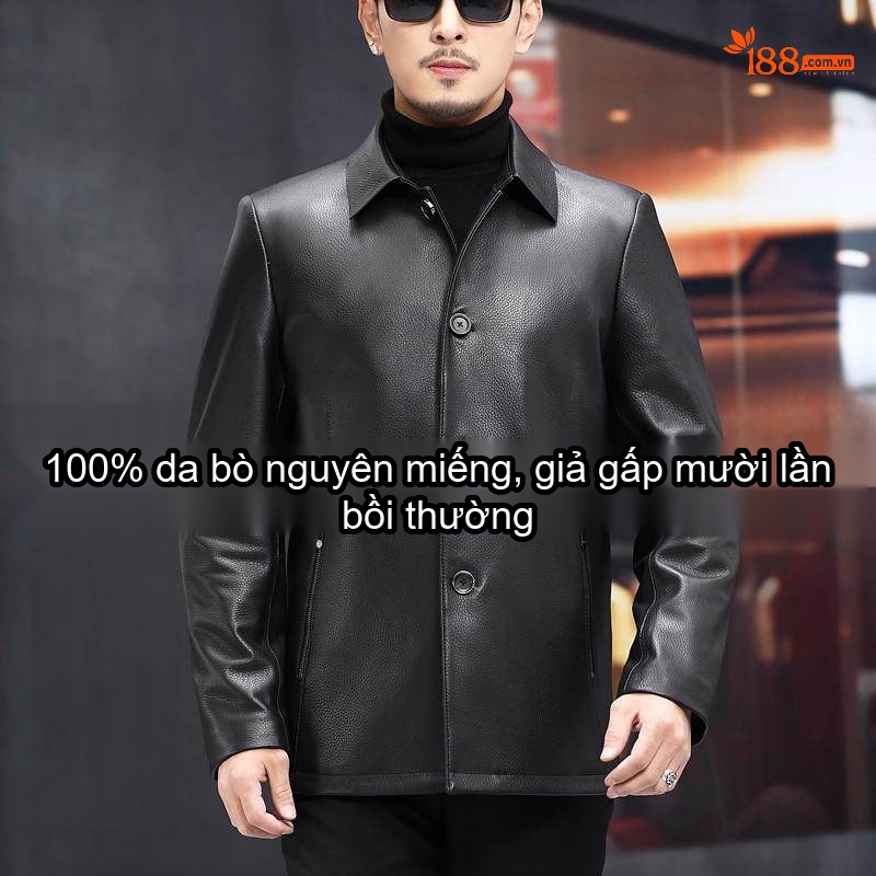 Áo Khoác Da Bò Nam Trung Niên Lót Lông Vũ Cổ Bẻ Màu Đen