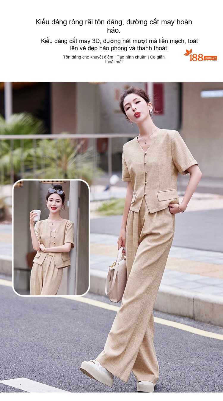 Bộ Quần Áo Nữ Cotton Linen Thiết Kế Áo Vest Tay Ngắn Quần Ống Rộng Phong Cách Thanh Lịch Màu Be, Xám chi tiết 10