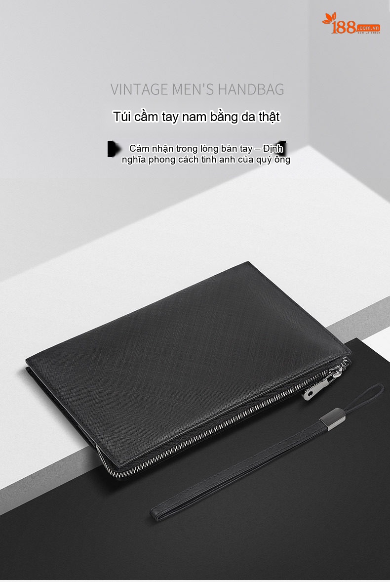 Ví Cầm Tay Nam Da Bò Vân Sọc Chữ Thập Siêu Mỏng Phong Cách Business Màu Đen chi tiết 1