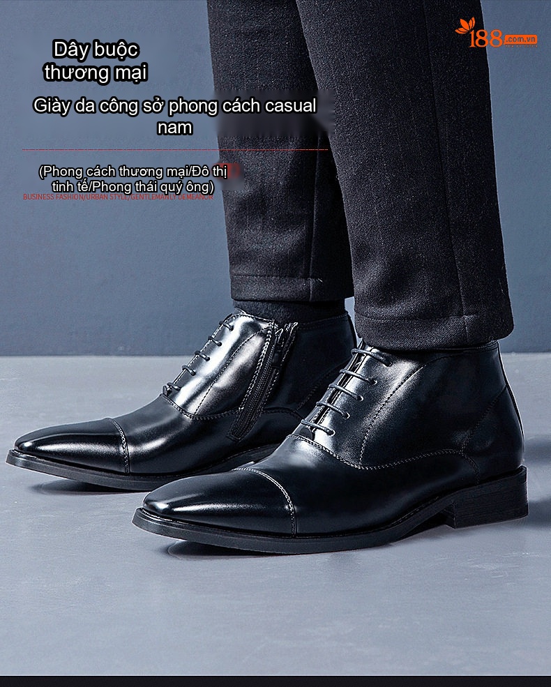 Giày Boot Martin Nam Cổ Thấp Da Bóng Chiều Cao Đế Khoảng 3cm Màu Đen chi tiết 1