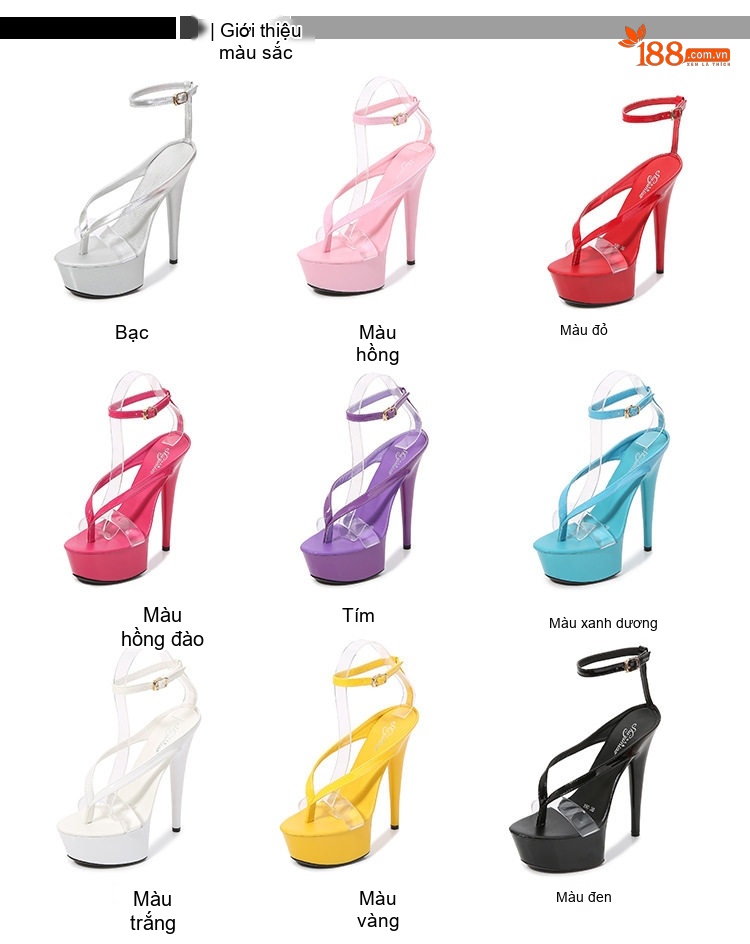 Giày Sandal Cao Gót Nữ Quai Kẹp Ngón Da Bóng Gót Cao 15cm Màu Đỏ, Trắng, Đen, Tím... chi tiết 2