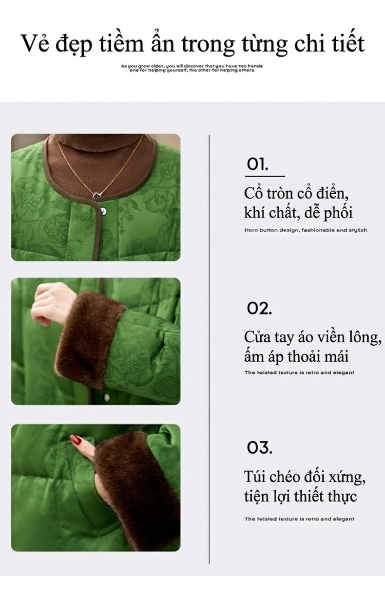 Áo Khoác Phao Nữ Quốc Phong Trung Hoa Cổ Điển, Nhồi Bông Trắng, Dáng Ngắn Màu Vàng, Hồng, Xanh Lá chi tiết 12