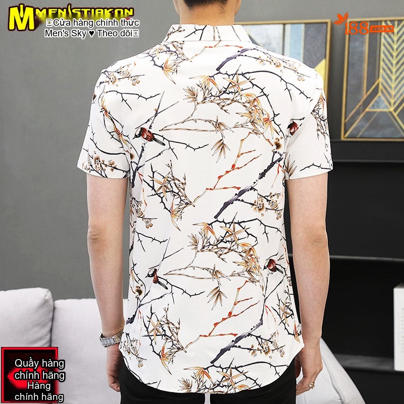 Áo Sơ Mi Ngắn Tay Nam Cotton Họa Tiết Hoa Lá Thoáng Mát