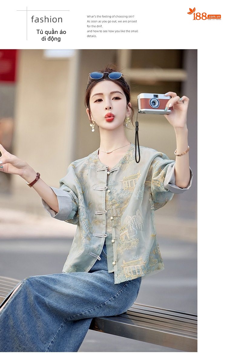 Áo Khoác Quốc Phong Nữ Thêu Họa Tiết Dáng Rộng Tay Lỡ Cổ Tàu Màu Xanh, Trắng chi tiết 19