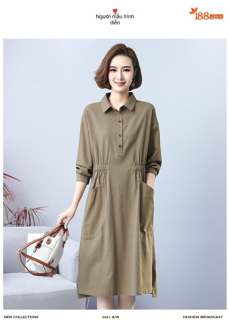 Váy Dài Tay Cotton Linen Dáng Suông Che Bụng Phong Cách Casual Màu Xanh Rêu, Đen chi tiết 10