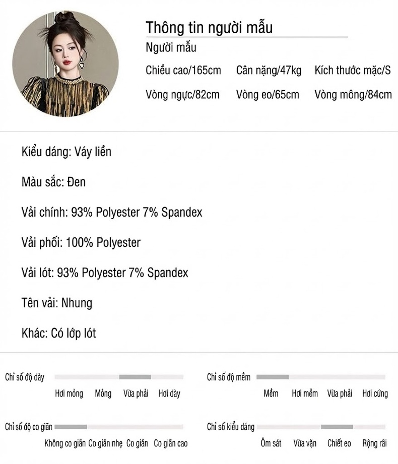 Váy liền thân Nữ Nhung Gắn Đá Thiết Kế Pháp Eo Cao Tay Dài Màu Đen, Vàng chi tiết 2