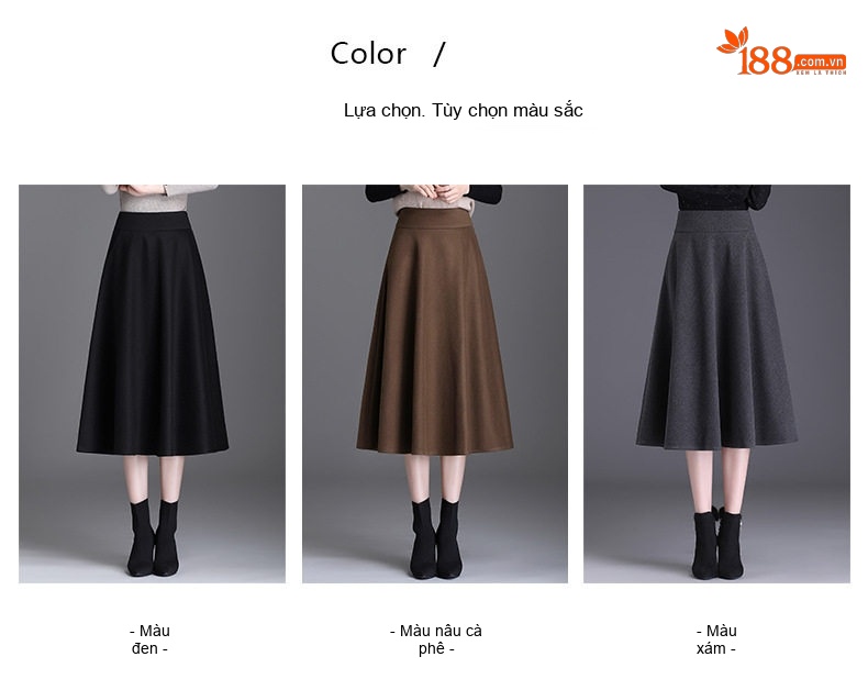 Chân Váy Midi Nữ Lưng Cao dáng chữ A Thời Trang Màu Đen, Nâu, Xám chi tiết 5