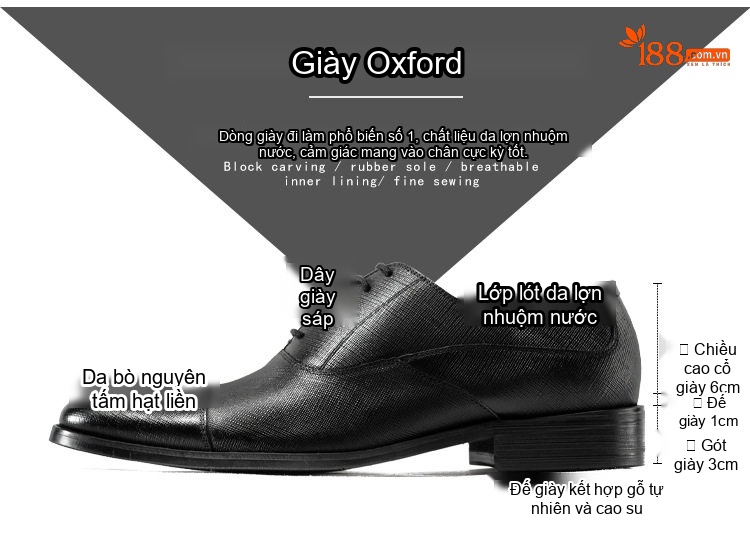 Giày Tây Buộc Dây Nam Da Bò Mũi Nhọn Chiều Cao Đế Khoảng 3cm Màu Đen chi tiết 2