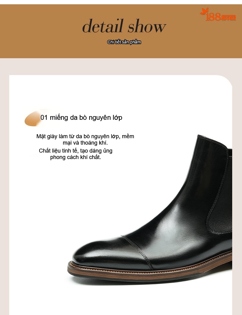 Chelsea Boots Nam Da Bò Cao Cổ Phong Cách Anh Quốc Chiều Cao Đế Khoảng 3cm Màu Đen, Nâu chi tiết 5