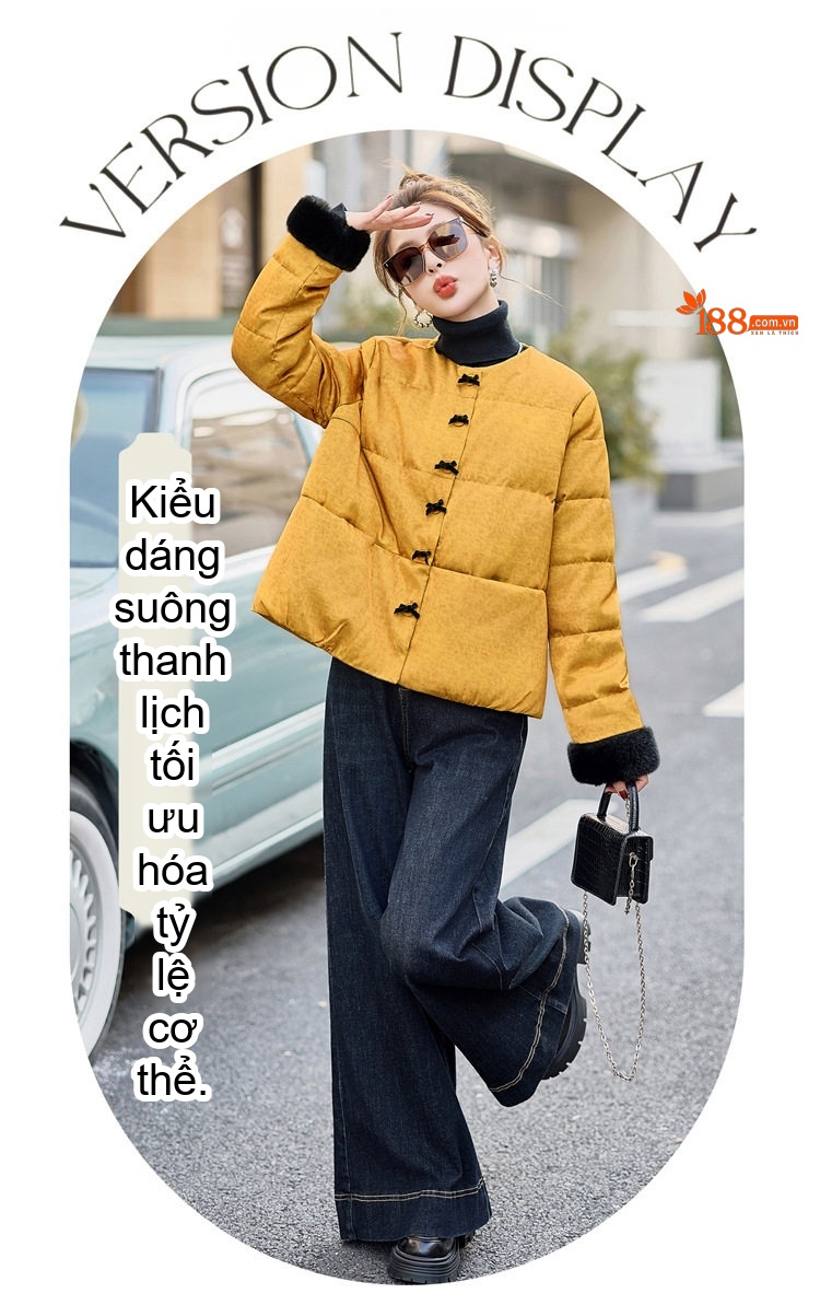 Áo Khoác Phao Nữ Ngắn Tay Thiết Kế Trung Hoa Cổ Điển Thêu Hoa Cúc Nhồi Bông Lông Vũ Màu Đỏ, Vàng chi tiết 7