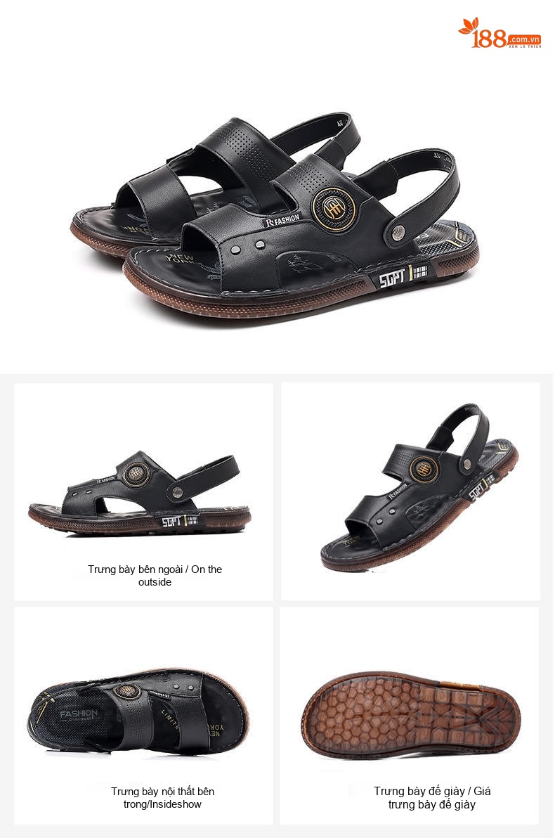 Dép Sandal Nam Da Thật Chống Trượt Thoáng Khí Chiều Cao Đế Khoảng 2cm Màu Nâu, Đen chi tiết 15