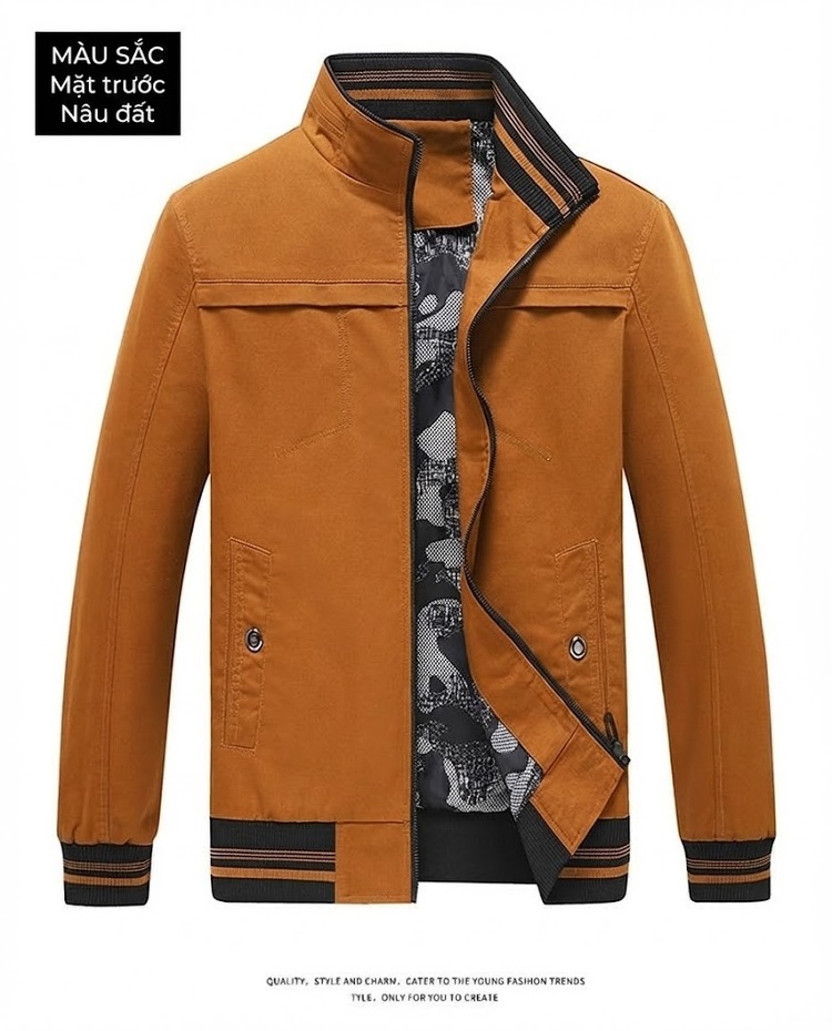 Áo Khoác Bomber Nam Cotton Dáng Đứng Cổ Tay Bo Chun Thu Đông Màu Be, Đen, Vàng Nâu chi tiết 18