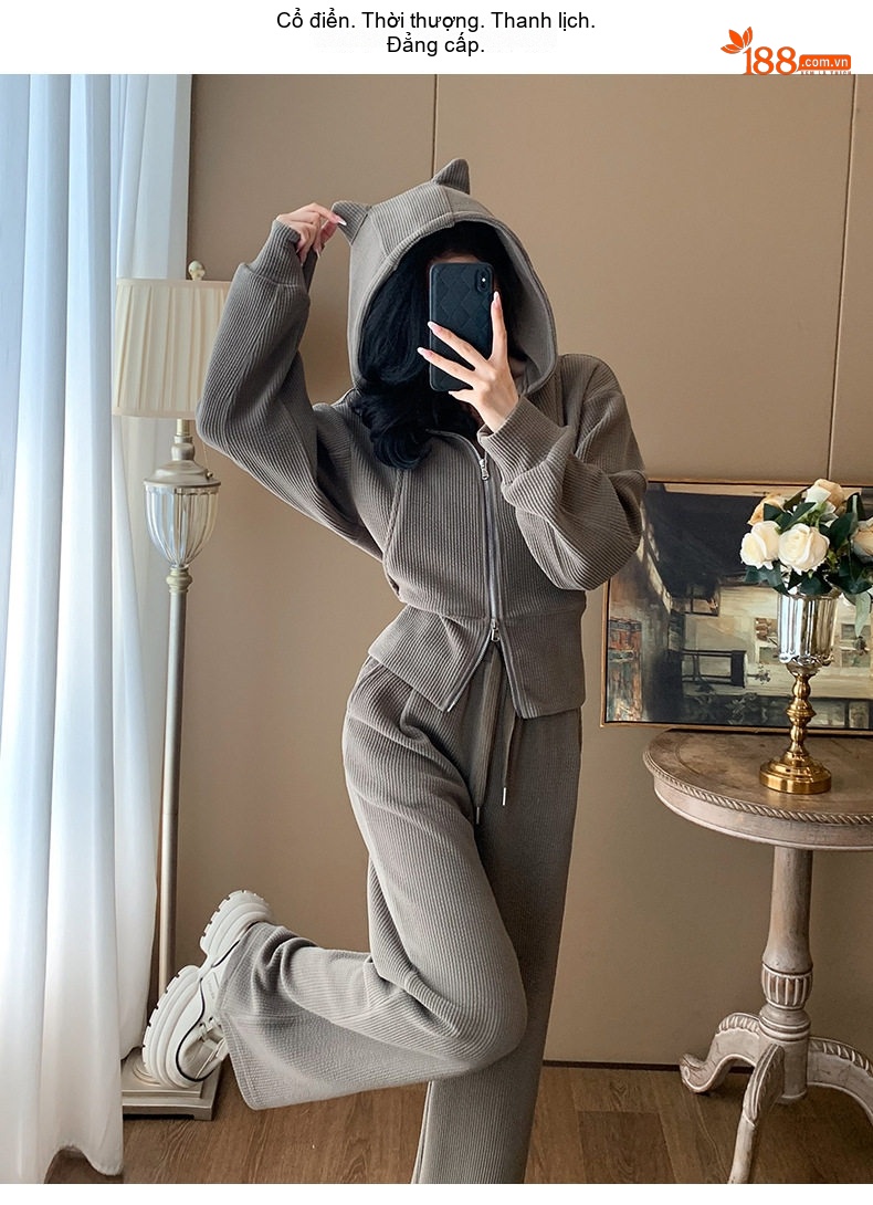 Bộ đồ nữ áo khoác ngắn có mũ quần ống rộng dệt kim chi tiết 18