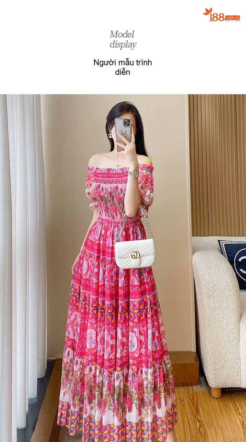 Váy Maxi Nữ Hở Vai Mùa Hè, Vải Voan Lưới Họa Tiết Hoa Nhỏ, Phong Cách Pháp chi tiết 8