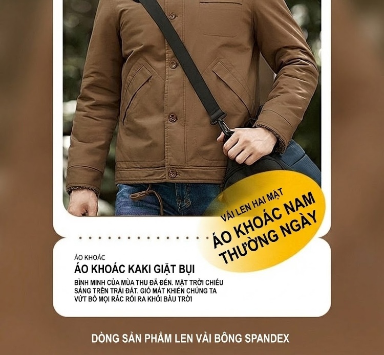 Áo Khoác Nam Cotton Lót Lông Cừu Dày Dặn Cổ Bẻ Giữ Ấm Form Rộng Màu Nâu, Đen chi tiết 2