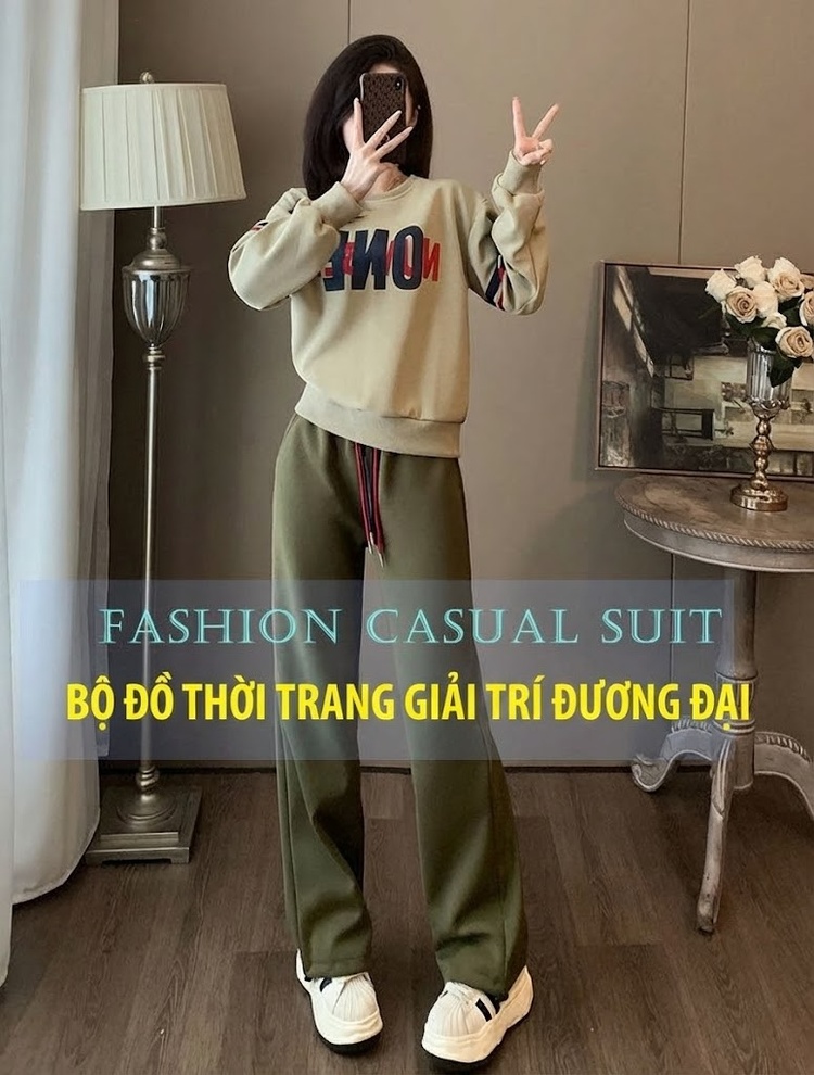 Bộ Đồ Nữ Thu Đông Áo Hoodie Quần Dài Ống Rộng Phong Cách Thời Trang Màu Be, Xanh Olive chi tiết 1