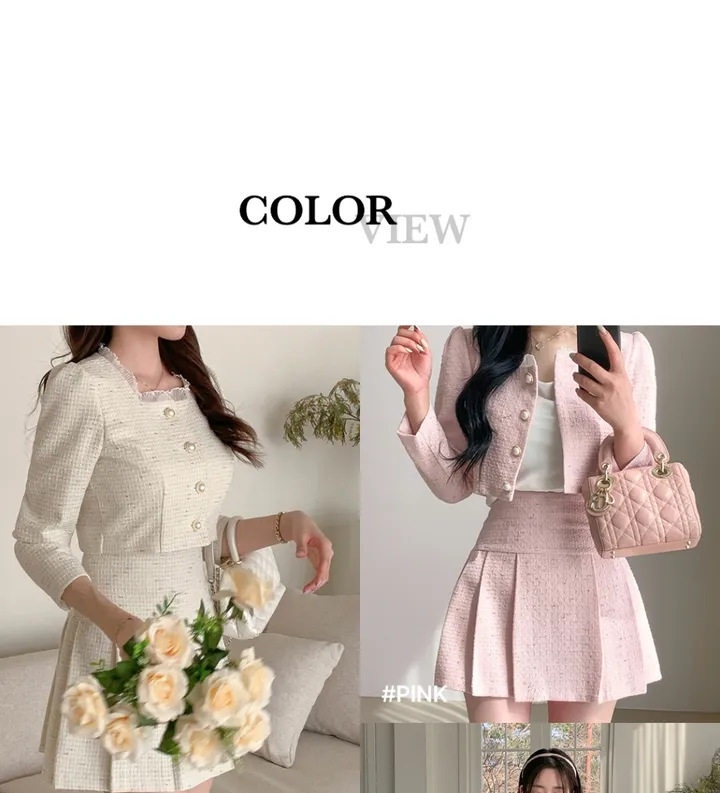 Set Bộ Quần Áo Nữ Áo Khoác Lửng Cổ Tròn Tay Dài Chân Váy Xòe Pleated Nữ Tính Màu Xanh, Hồng, Trắng Kem chi tiết 3