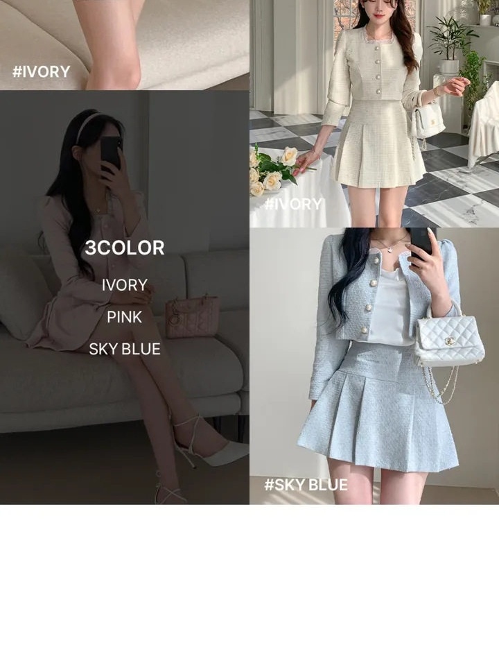 Set Bộ Quần Áo Nữ Áo Khoác Lửng Cổ Tròn Tay Dài Chân Váy Xòe Pleated Nữ Tính Màu Xanh, Hồng, Trắng Kem chi tiết 4