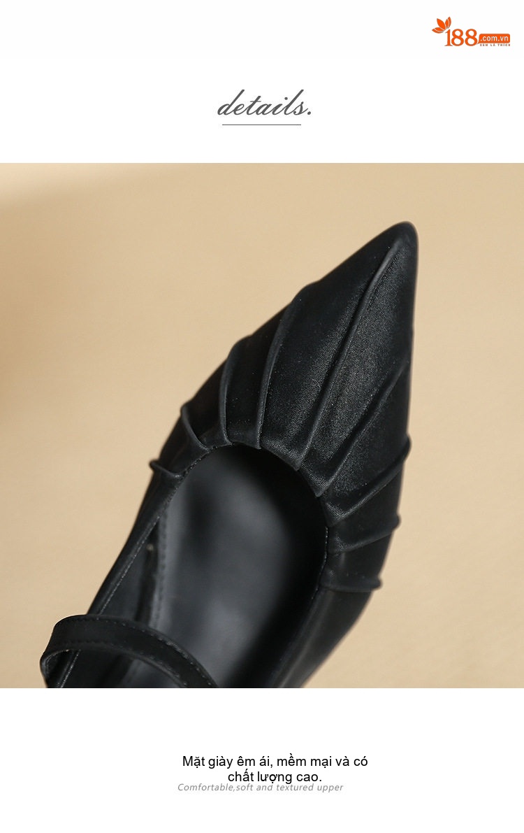 Giày Búp Bê Nữ Mũi Nhọn Quai Ngang Chi Tiết Nhún Bèo Chiều Cao Đế Khoảng 3cm Màu Trắng, Đen chi tiết 6