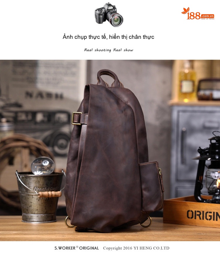 Túi Đeo Chéo Ngực Nam Da Bò Thiết Kế Vintage, Biker, Da Thật Màu Nâu chi tiết 9