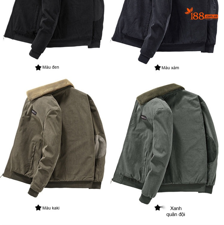 Áo Khoác Cotton Nam Lót Lông Cổ Lông Cừu Form Rộng Màu Nâu, Đen, Xám chi tiết 7