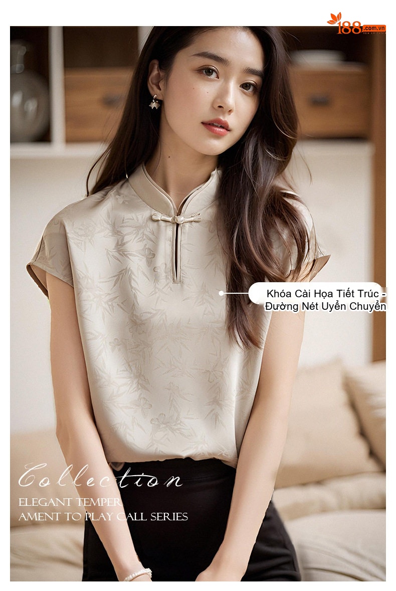 Áo Sơ Mi Nữ Tay Ngắn Cổ Trụ Khuy Tàu Gấm Thượng Hải Cách Tân Thanh Lịch chi tiết 3