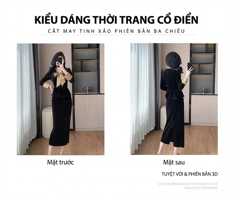 Set Bộ Nữ Áo Nhung Tay Dài Thắt Nơ Cổ Chân Váy Xẻ Tà Màu Đen chi tiết 5