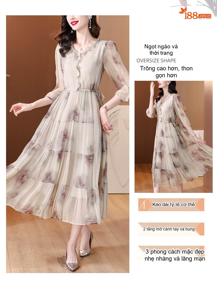 Váy Lụa Băng In Hoa Dáng Dài Thanh Lịch Cho Mẹ Trung Niên chi tiết 3