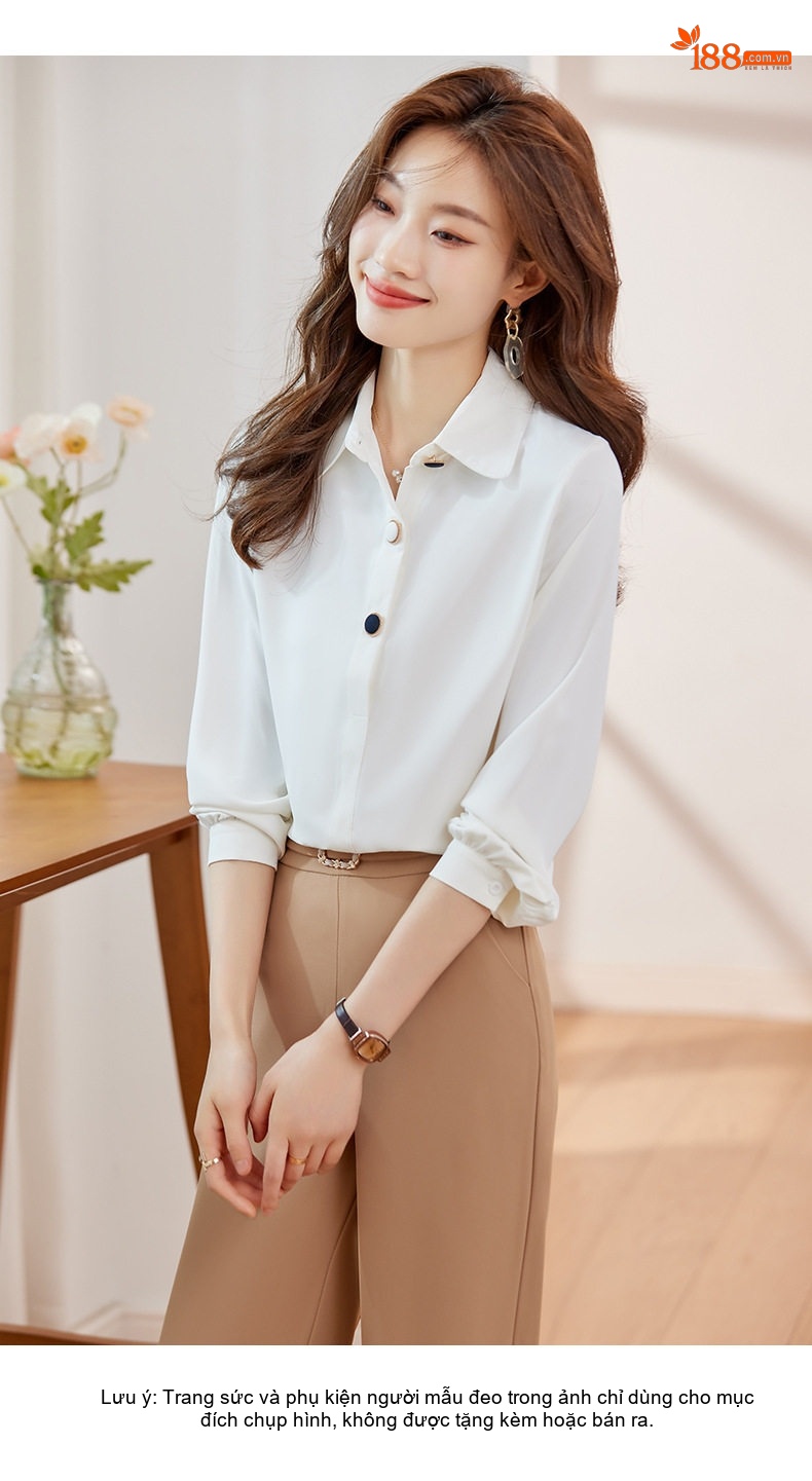Áo Sơ Mi Nữ Tay Dài Cổ chữ V Trắng Thiết Kế Thanh Lịch chi tiết 4