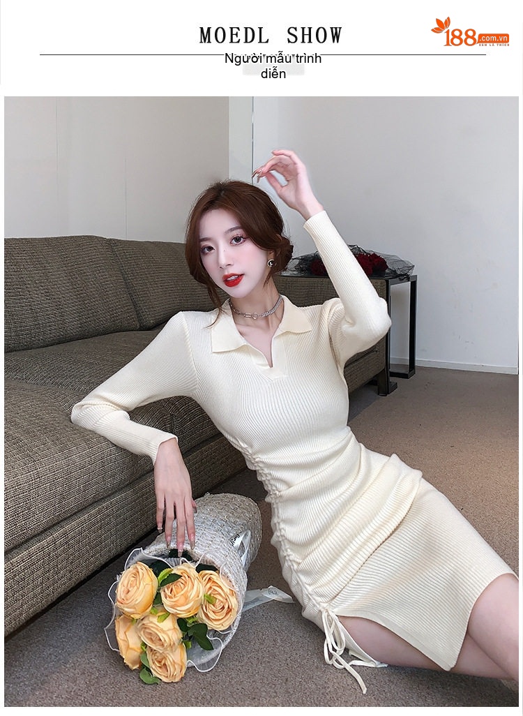 Váy Dệt Kim Ôm Dáng Xẻ Tà Thiết Kế Dây Rút Màu Đen, Trắng Kem chi tiết 5