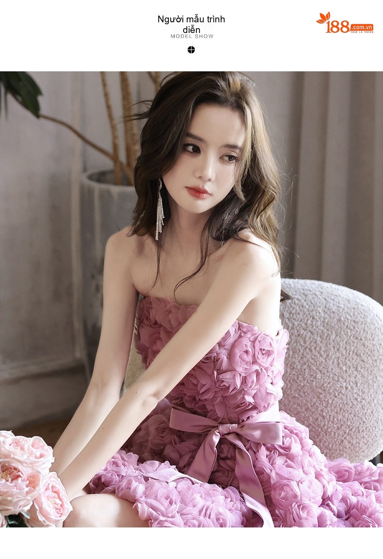 Váy Dạ Hội Mini Nữ Hở Vai Thắt Nơ Phong Cách Pháp Màu Tím chi tiết 6