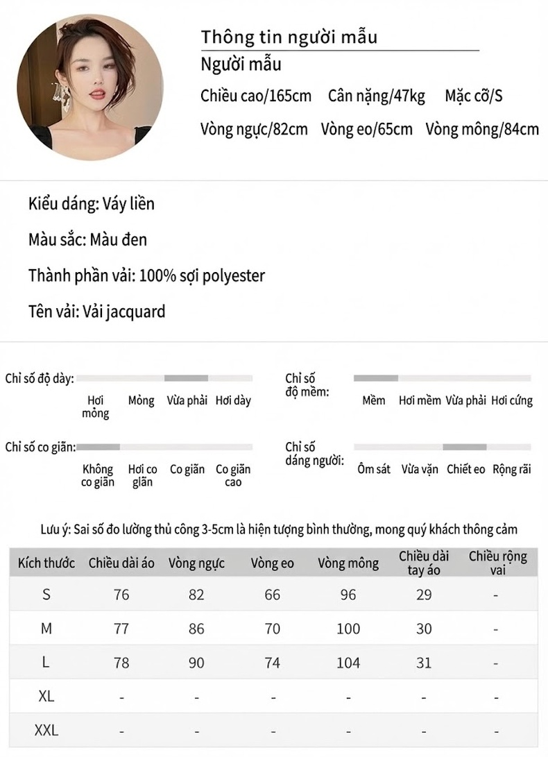 Váy Đầm Nữ Jacquard Thiết Kế Cổ chữ Vuông Tay Bồng Đính Hạt Phong Cách Tiểu Thư Màu Đen chi tiết 2