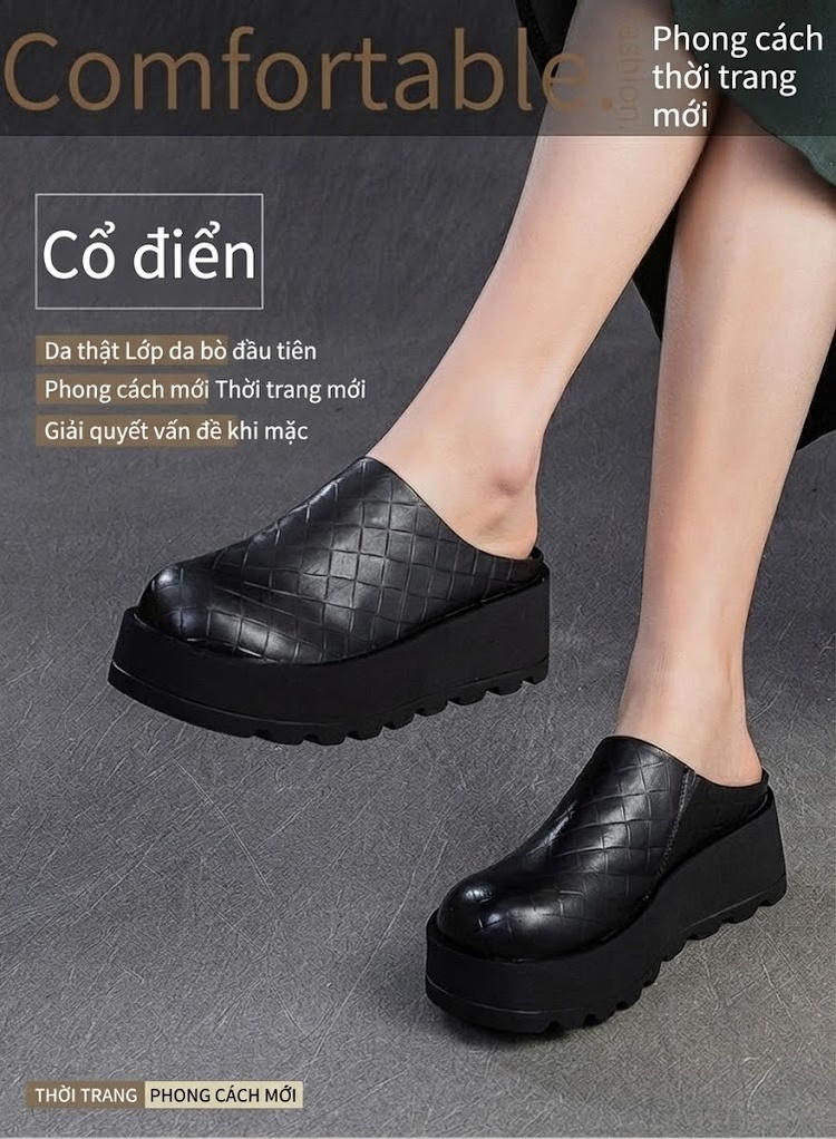 Dép Sục Nữ Đế Dày Da Bóng Chiều Cao Đế Khoảng 5cm Màu Đen, Nâu chi tiết 1