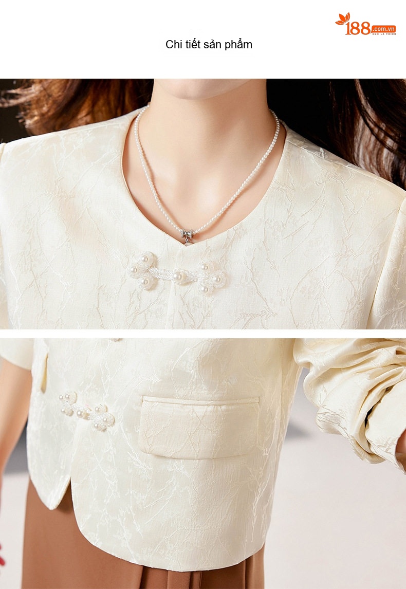 Áo Khoác Lửng Trung Hoa Cổ Điển Tay Dài Khuy Nút Thắt Jacquard Màu Trắng, Đen chi tiết 27