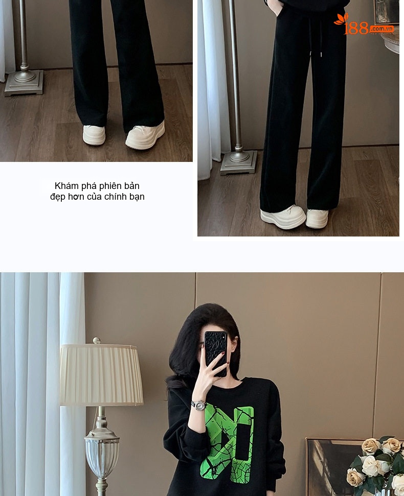 Bộ Đồ Nữ Áo Hoodie và Quần Dài Dáng Rộng Lót Lông Dày Dặn Phong Cách Hàn Quốc Màu Đen chi tiết 10